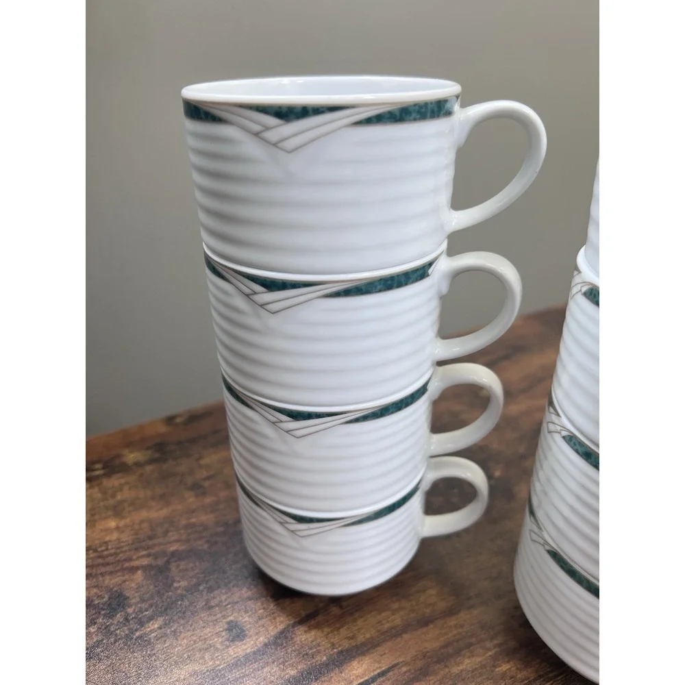 Lot Of 9 Contemporary Noritake Tea Cups Arctic Green Ribbed Very Nice